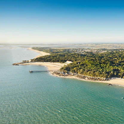 Vue aérienne sur la forêt du Bois de la Chaise, la plage de l’Anse Rouge et la plage des Dames avec son estacade