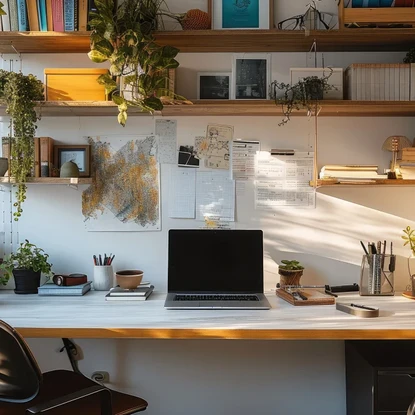 Bureau lumineux et organisé avec des étagères en bois, des plantes décoratives et un ordinateur portable.