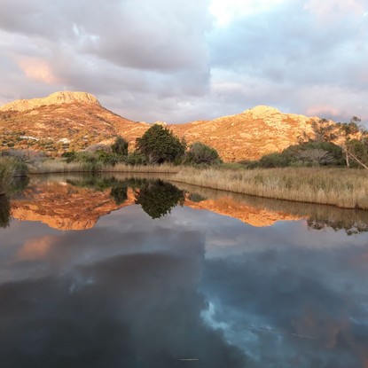 Paysage de Calvi au coucher du soleil, avec montagnes dorées et étang reflétant la lumière