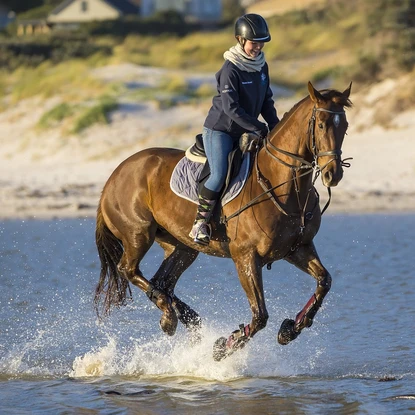 Cavalière montant un cheval brun au galop dans l'eau sur une plage.