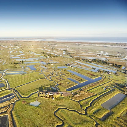 Vue aérienne sur les marais Breton avec au loin la mer
