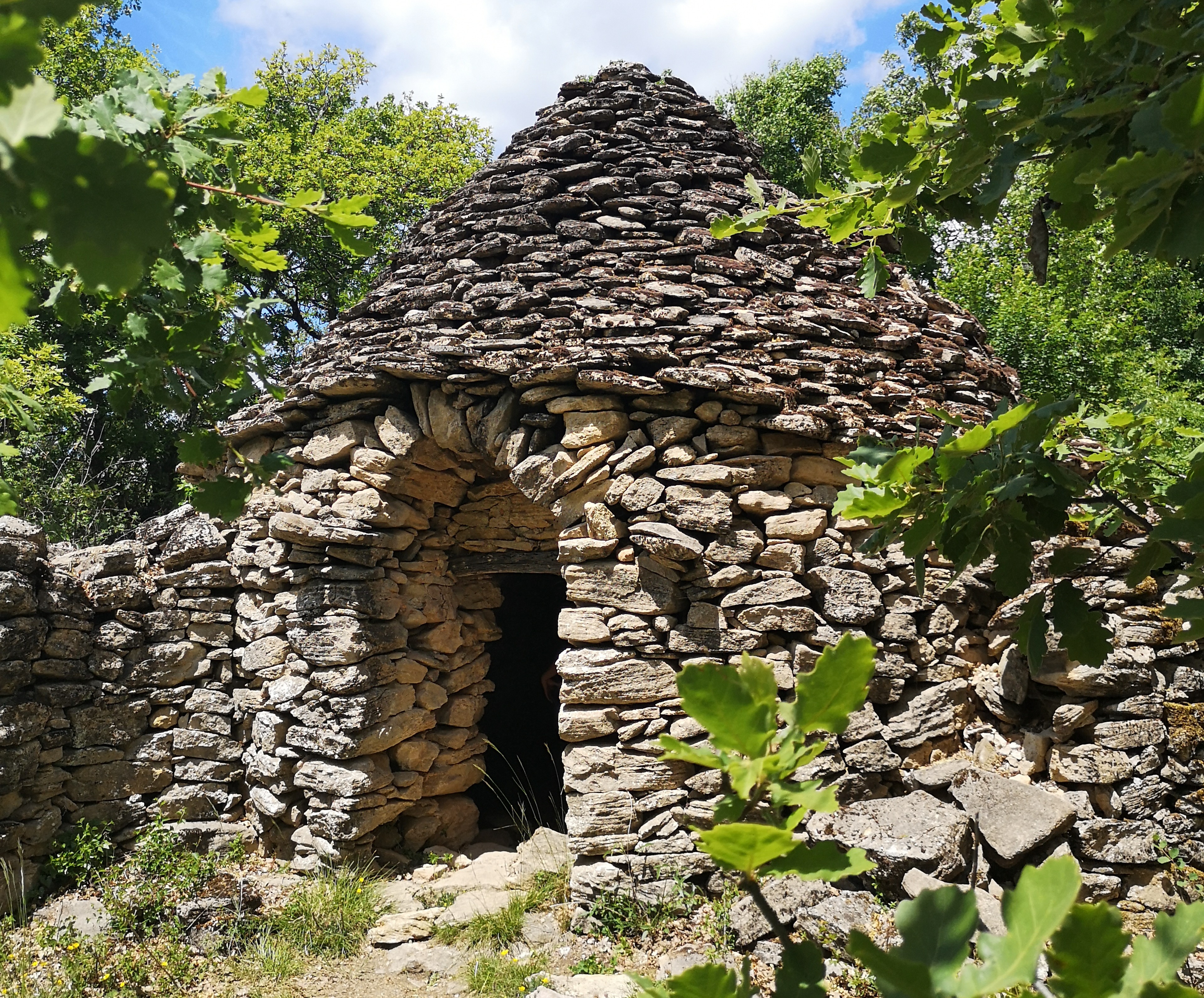 Cabanon provençal en pierre appelé également une borie dans le Luberon, entouré de verdure et sous un ciel bleu et quelques nuages
