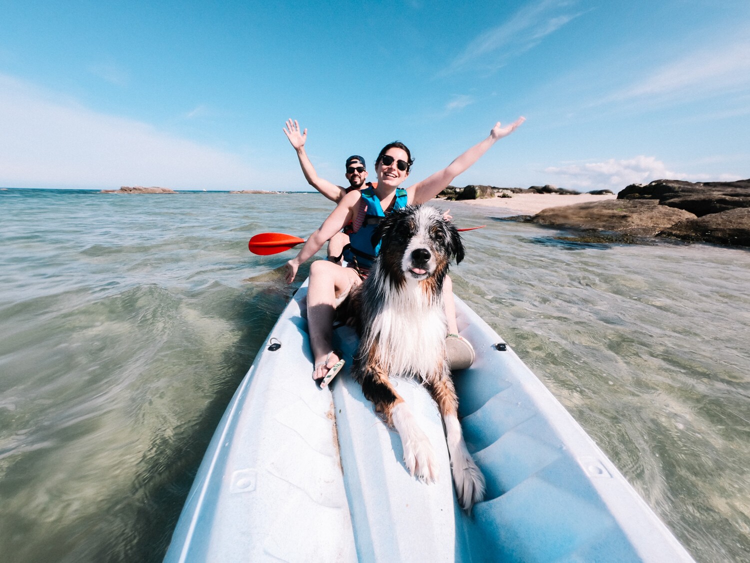 kayak, mer, vacanciers, chien, couple sourrir,vagues, ciel bleu et mer transparente, activités nautiques
