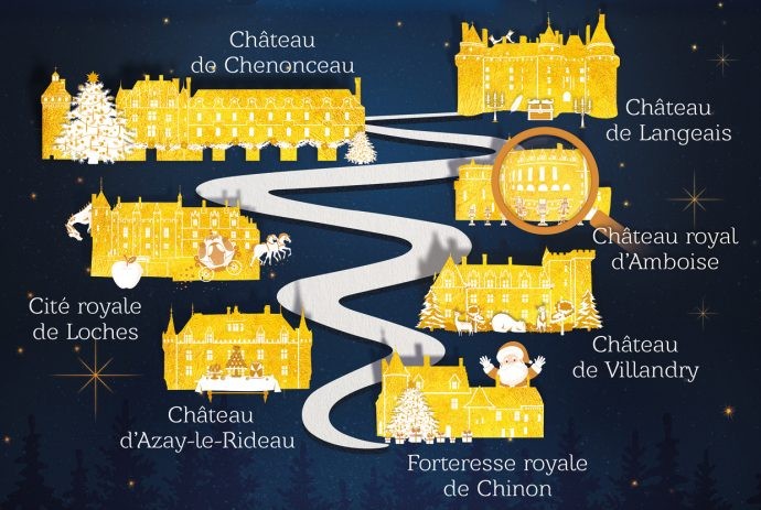 Illustration de Noël au Pays des Châteaux, avec une carte des principaux châteaux décorés pour les festivités