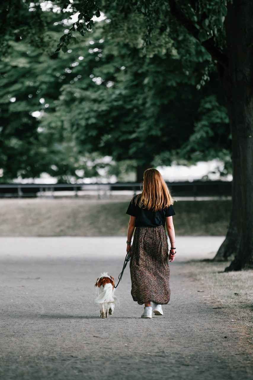 Femme marchant dans un parc avec son petit chien en laisse, entourée d'arbres.