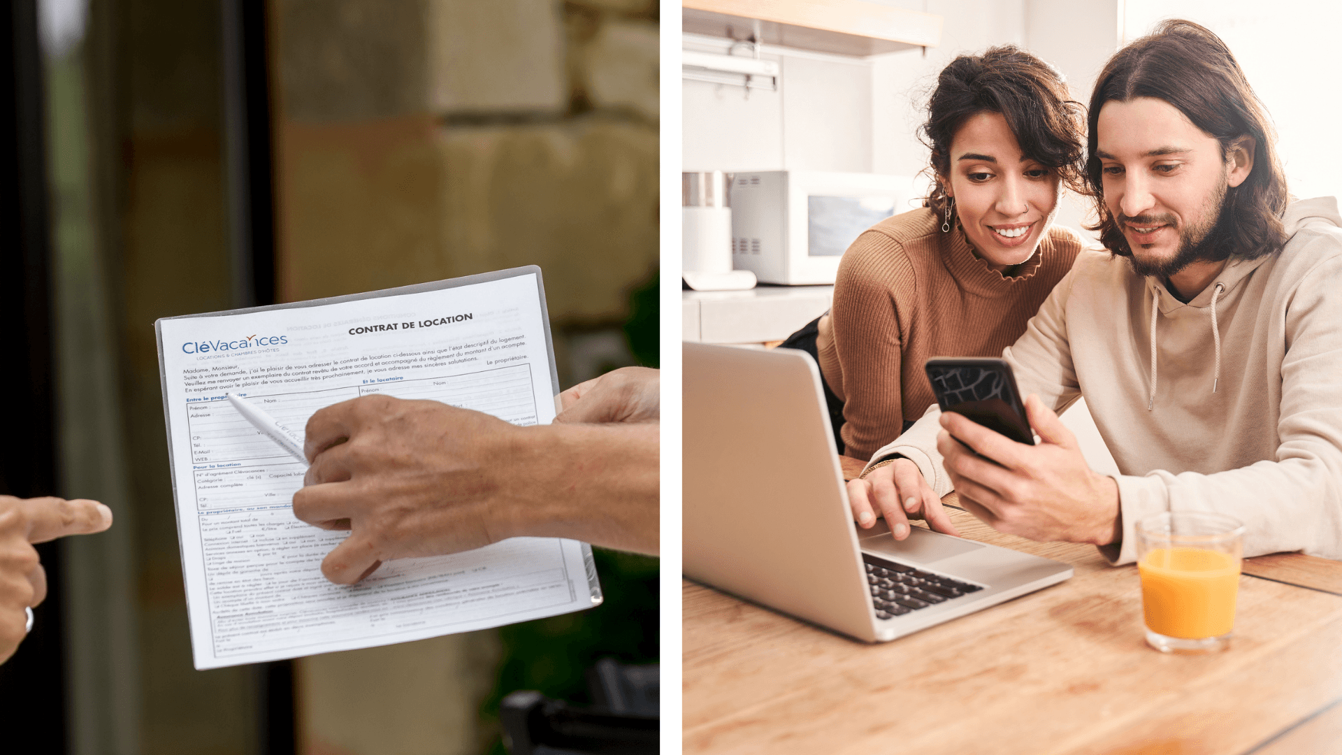 À gauche, signature d'un contrat de location Clévacances. À droite, un couple consultant un smartphone et un ordinateur portable pour réserver leur hébergement Clévacances