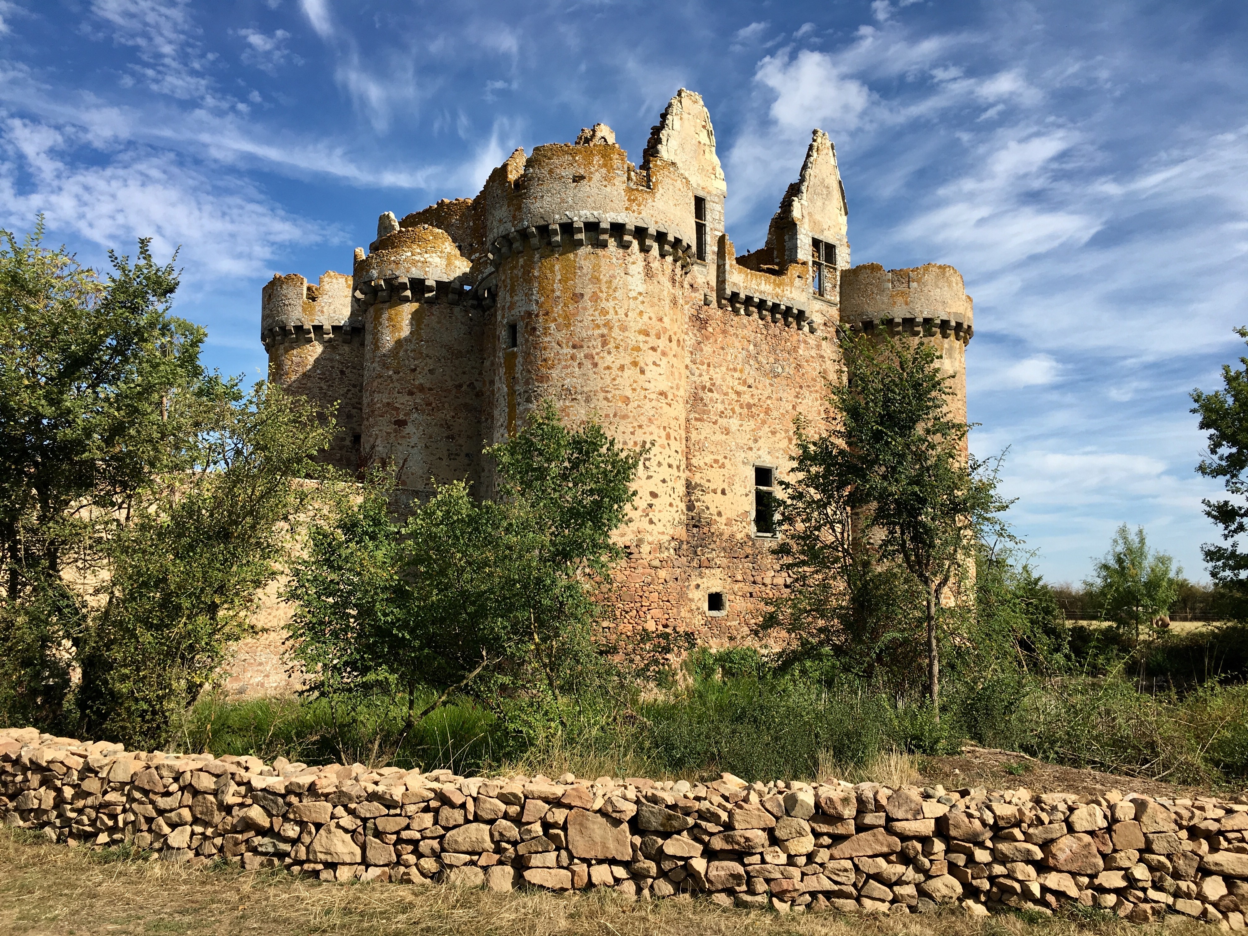 Château fort médiéval en ruines derrière des arbustes bocagers et un muret de vieilles pierres.