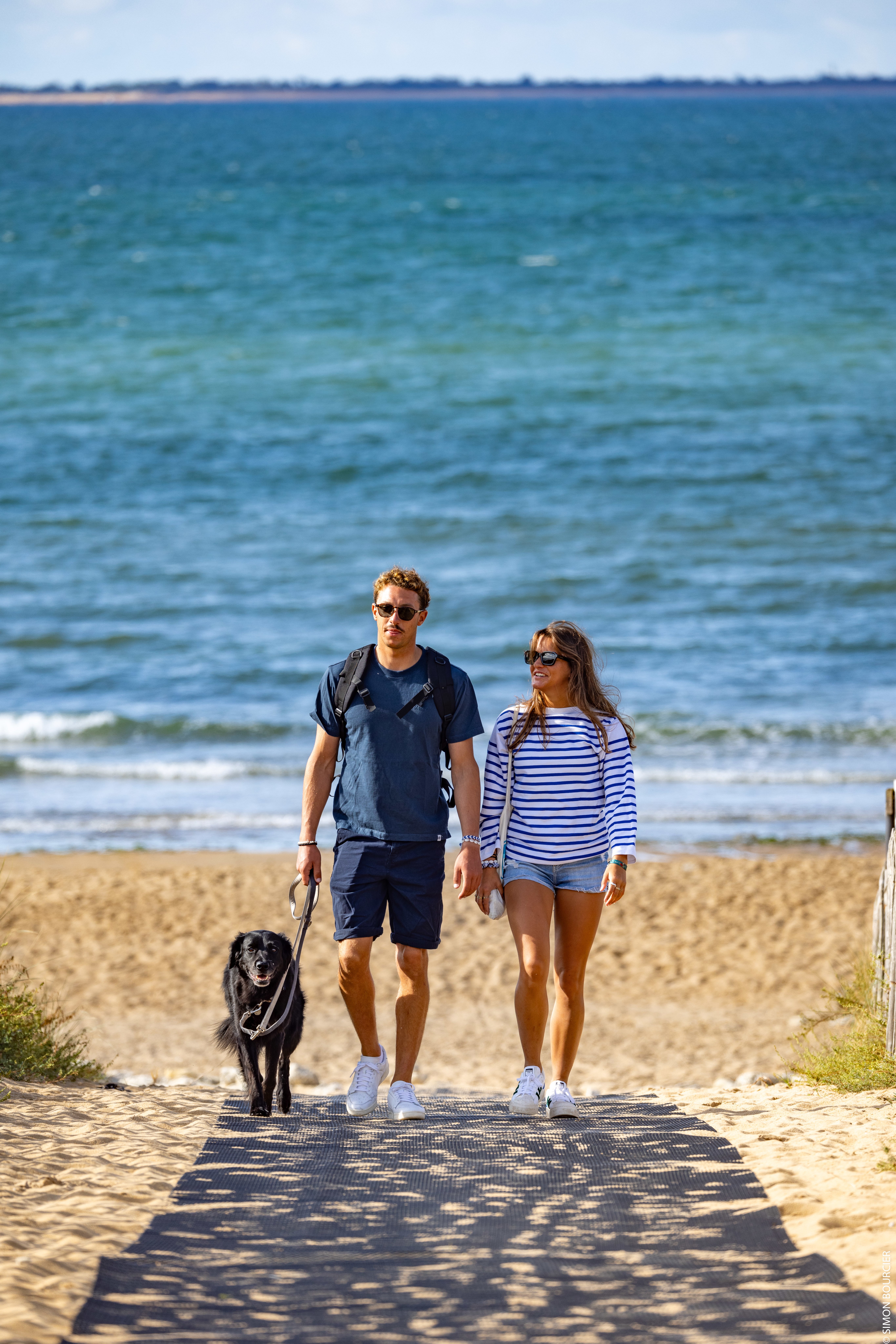 Un couple se promenant à la plage avec son chien, avec une vue au loin sur la mer