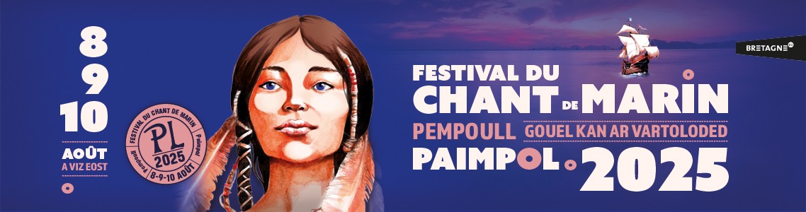 Affiche officielle du Festival du Chant de Marin 2025 à Paimpol, mettant en scène une illustration de femme et un voilier.