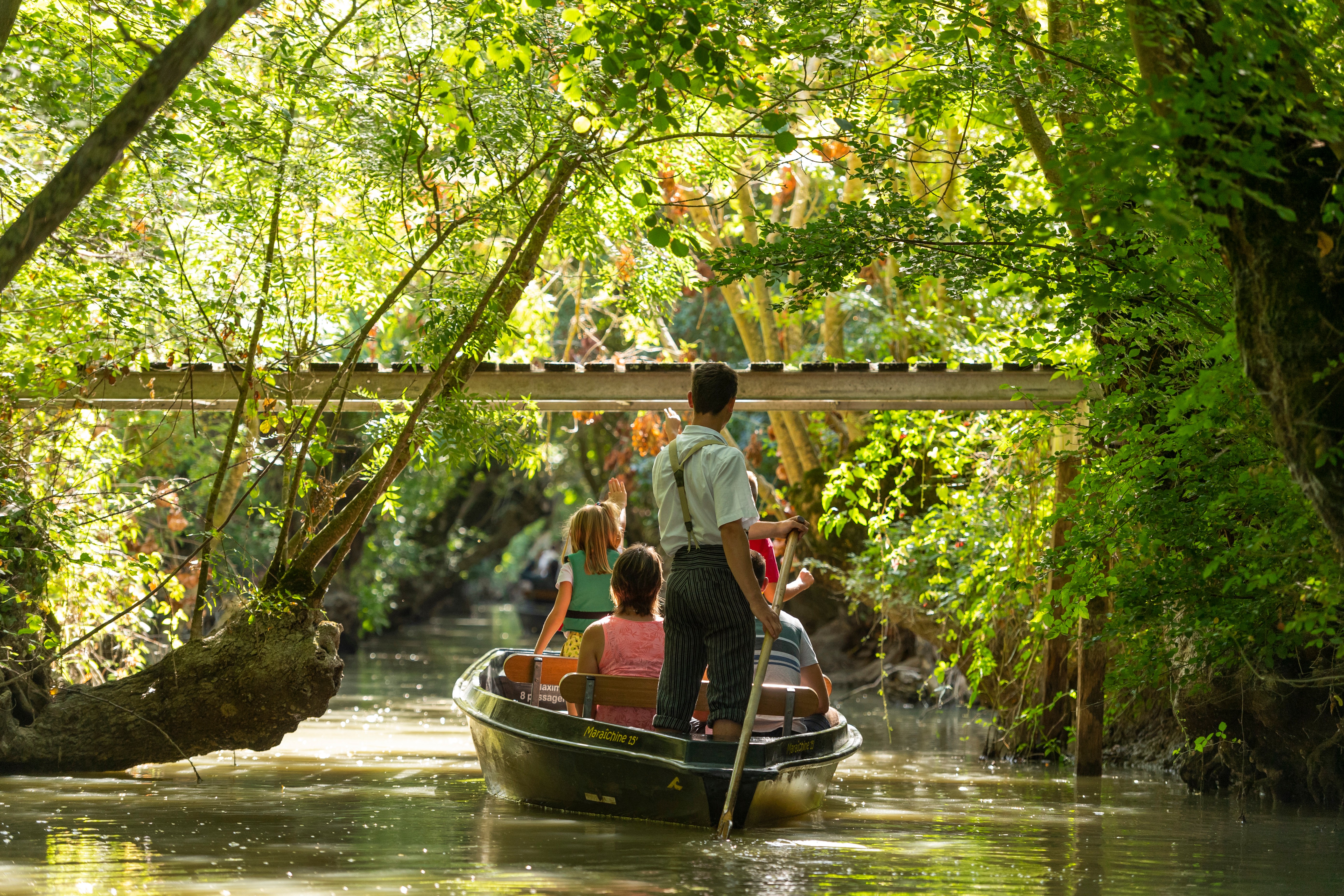 Barque avec des personnes dedans dont un nautonier(conducteur de barque) naviguant sur le marais Poitevin à Maillezais sous un décor d’arbres verts.