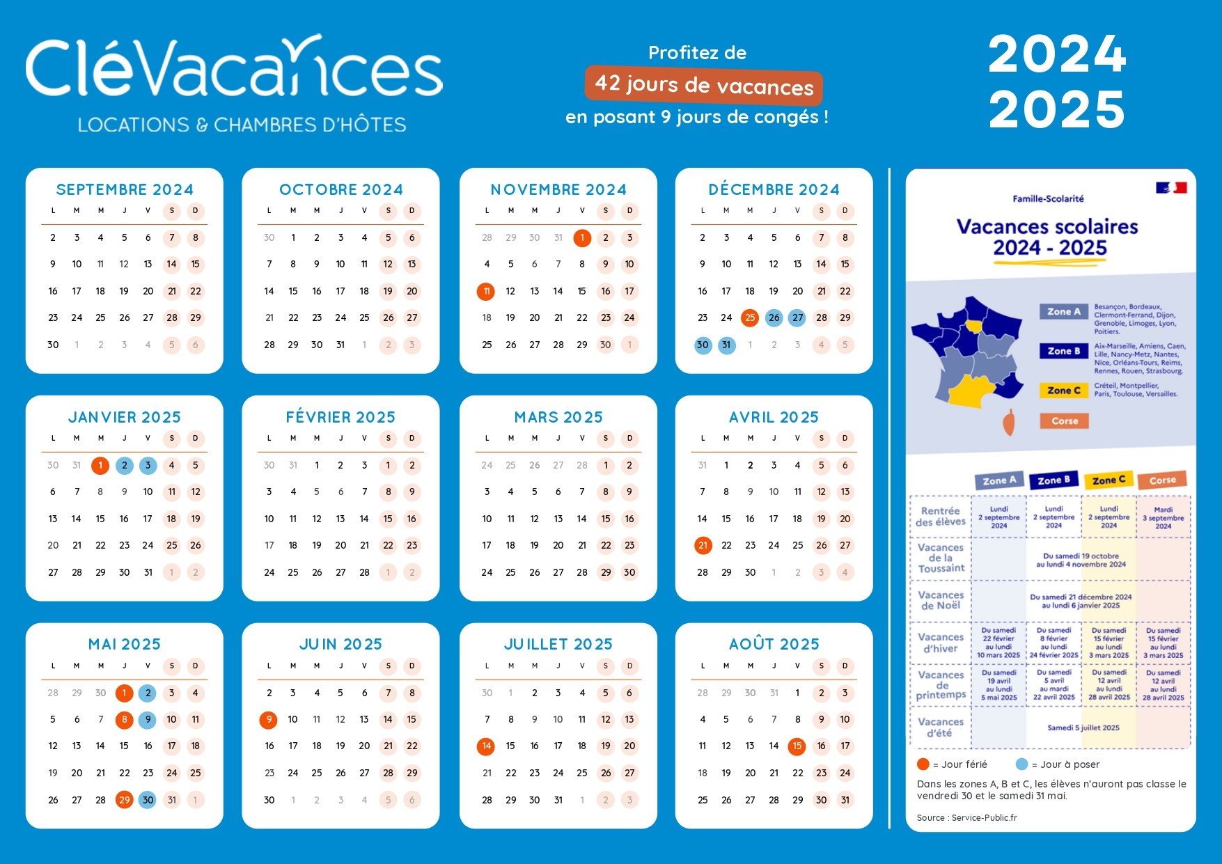 Calendrier Clévacances 2024-2025 avec 42 jours de vacances en posant 9 jours de congés et les dates de vacances scolaires en France
