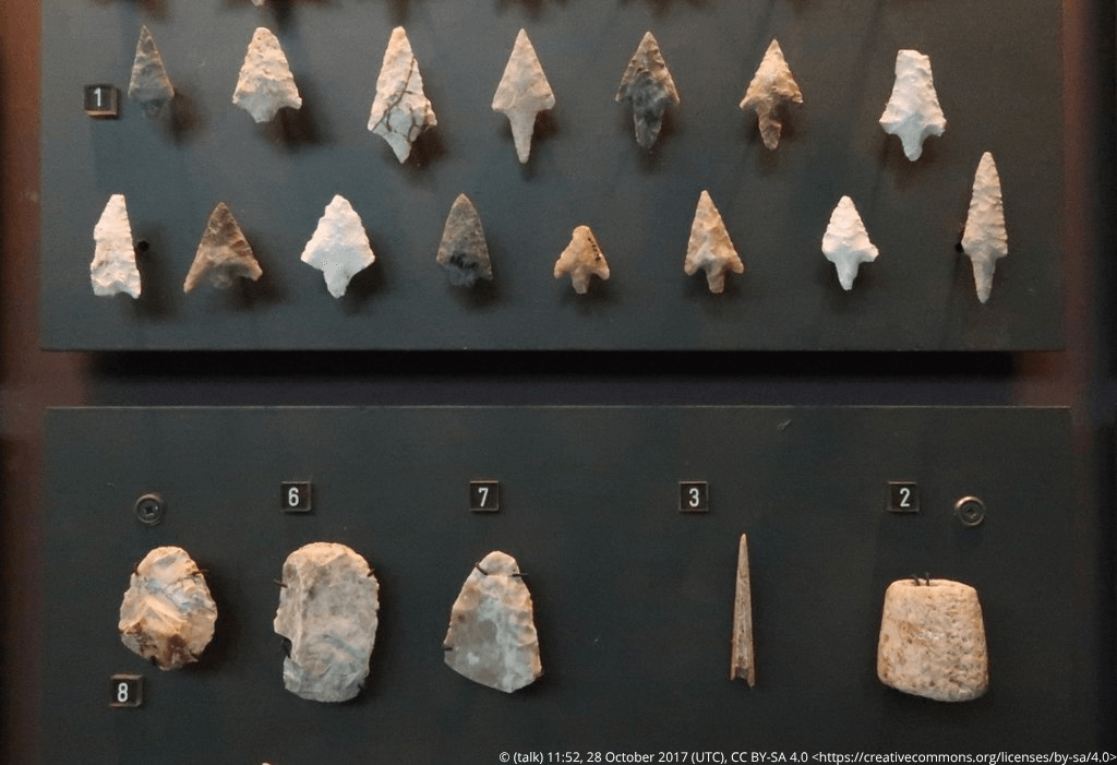 Exposition de pierres de différentes tailles et formes sur un fond noir. 