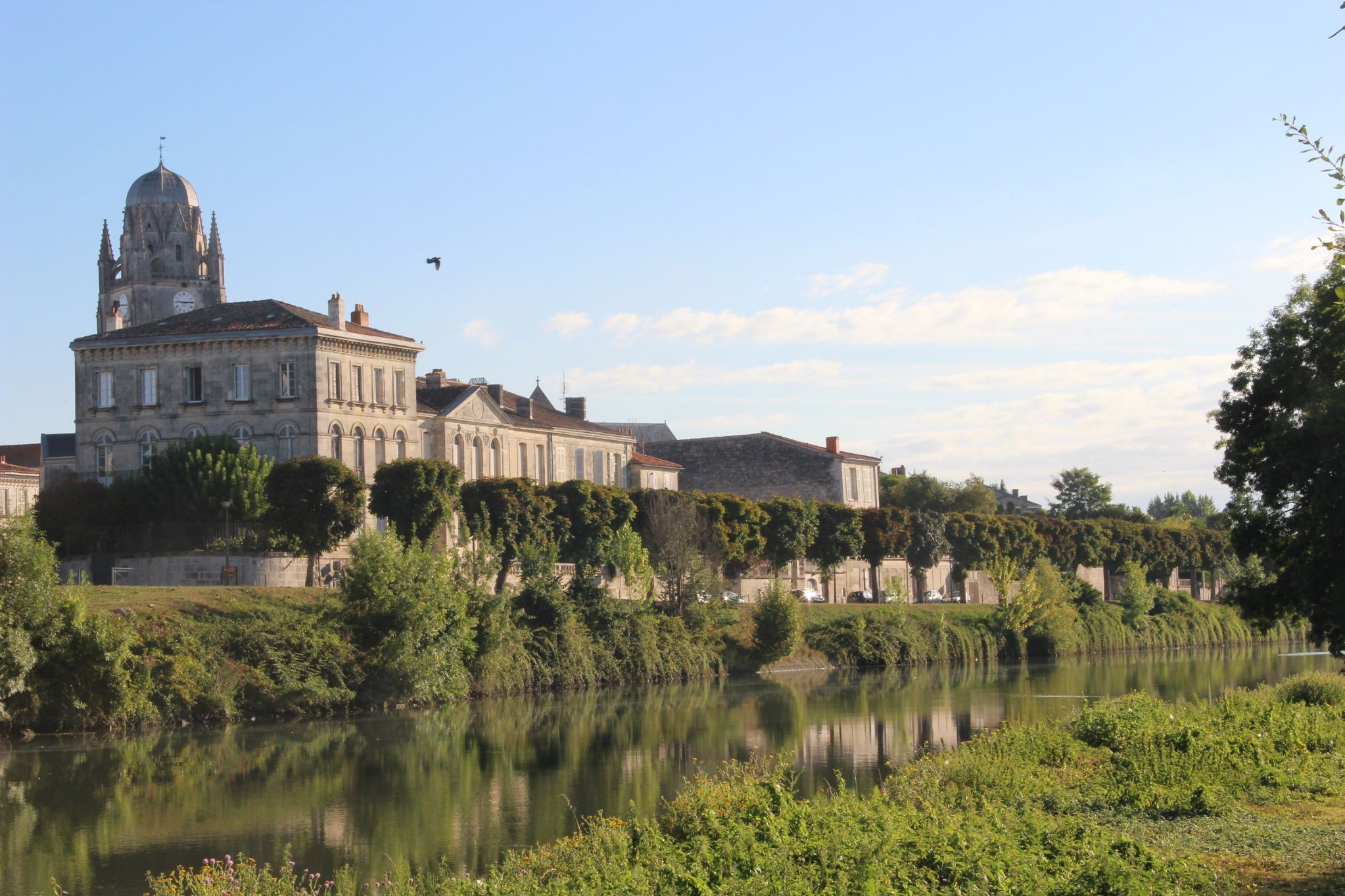 Vue des berges de La Charente de la Basilique Saint Eutrope en plein centre de Saintes avec des arbres le long de berges