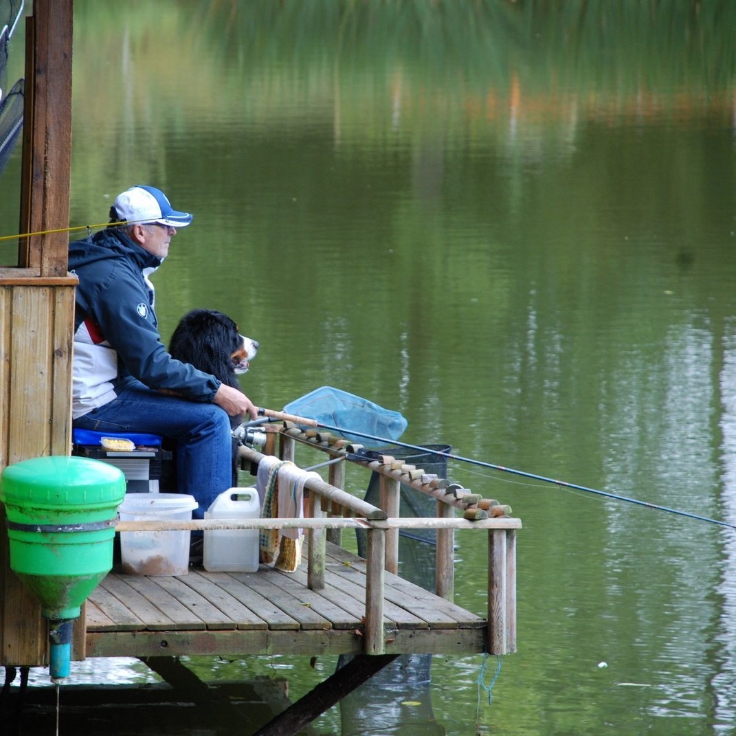 Homme assis sur un ponton en bois, pêchant avec son chien à ses côtés, sur un lac calme entouré de verdure