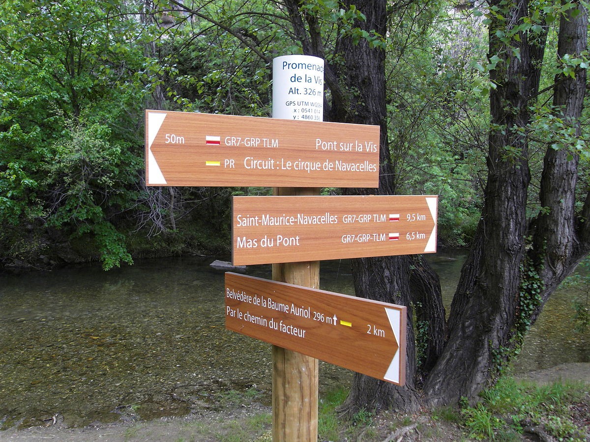 Panneau de signalisation en bois indiquant les directions et les distances à divers sites de randonnée près de la rivière Vis