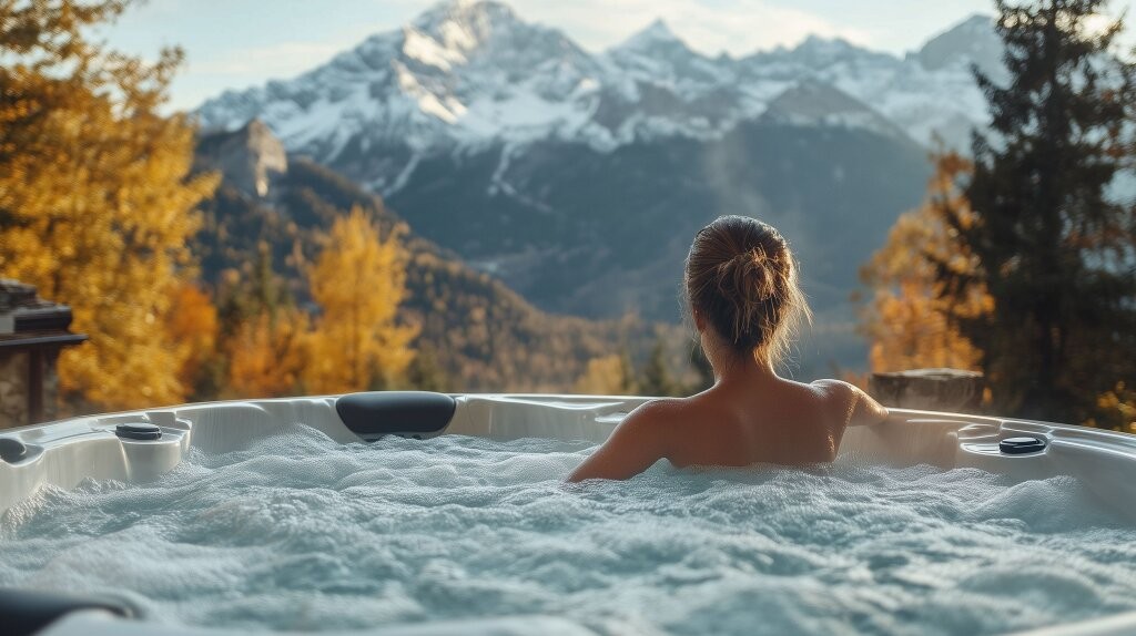 Vue depuis un jacuzzi avec une femme se relaxant face à un panorama de montagnes et de forêts en automne.