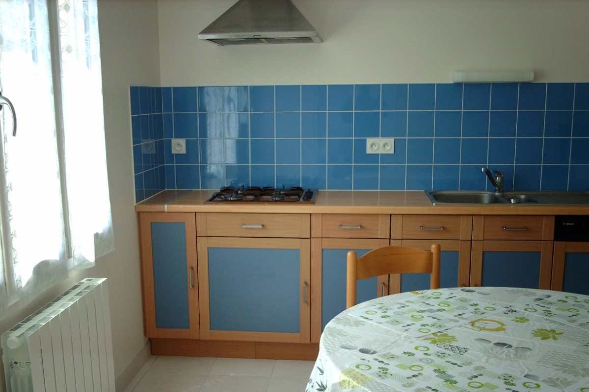 Cuisine aménagée et équipée avec frigo-congélateur, micro-ondes, four, lave-vaisselle, etc.