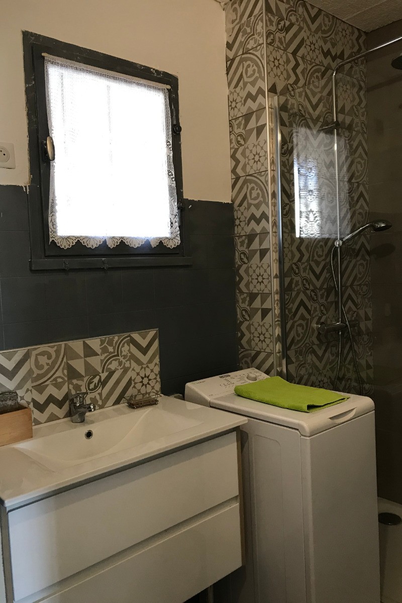 salle de bain avec vasque et meuble rangement