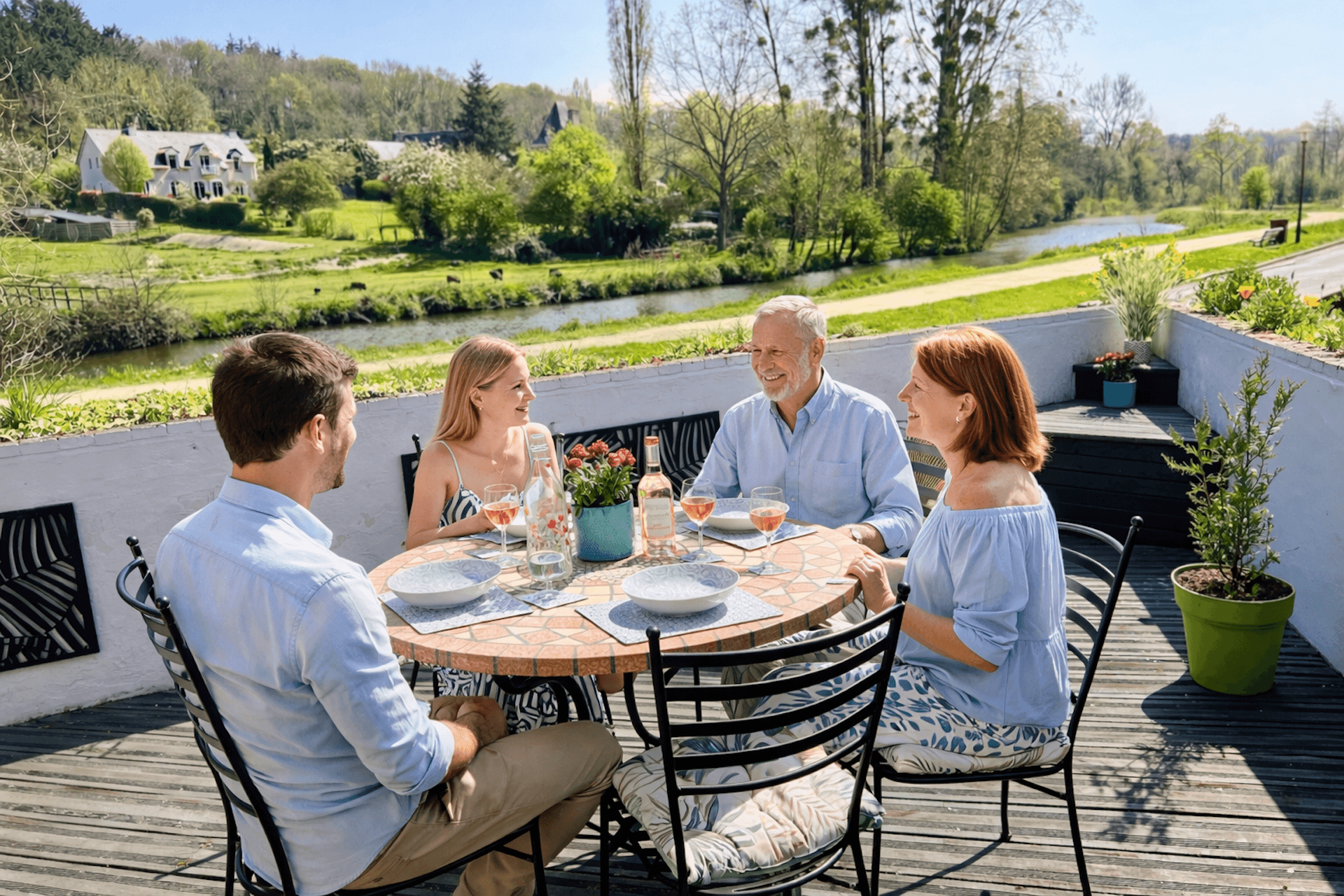 Our riverside terrace enjoys all-day sunshine.