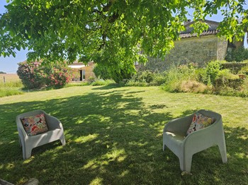 Corner under the lime tree next to the swimming pool at Mas Réolais in Gironde