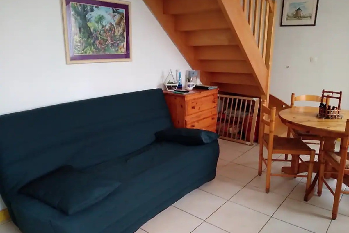 Pièce de vie en rez-de-jardin avec coin séjour, coin salon avec TV et Wifi et coin cuisine. Canapé convertible pour 1 personne.