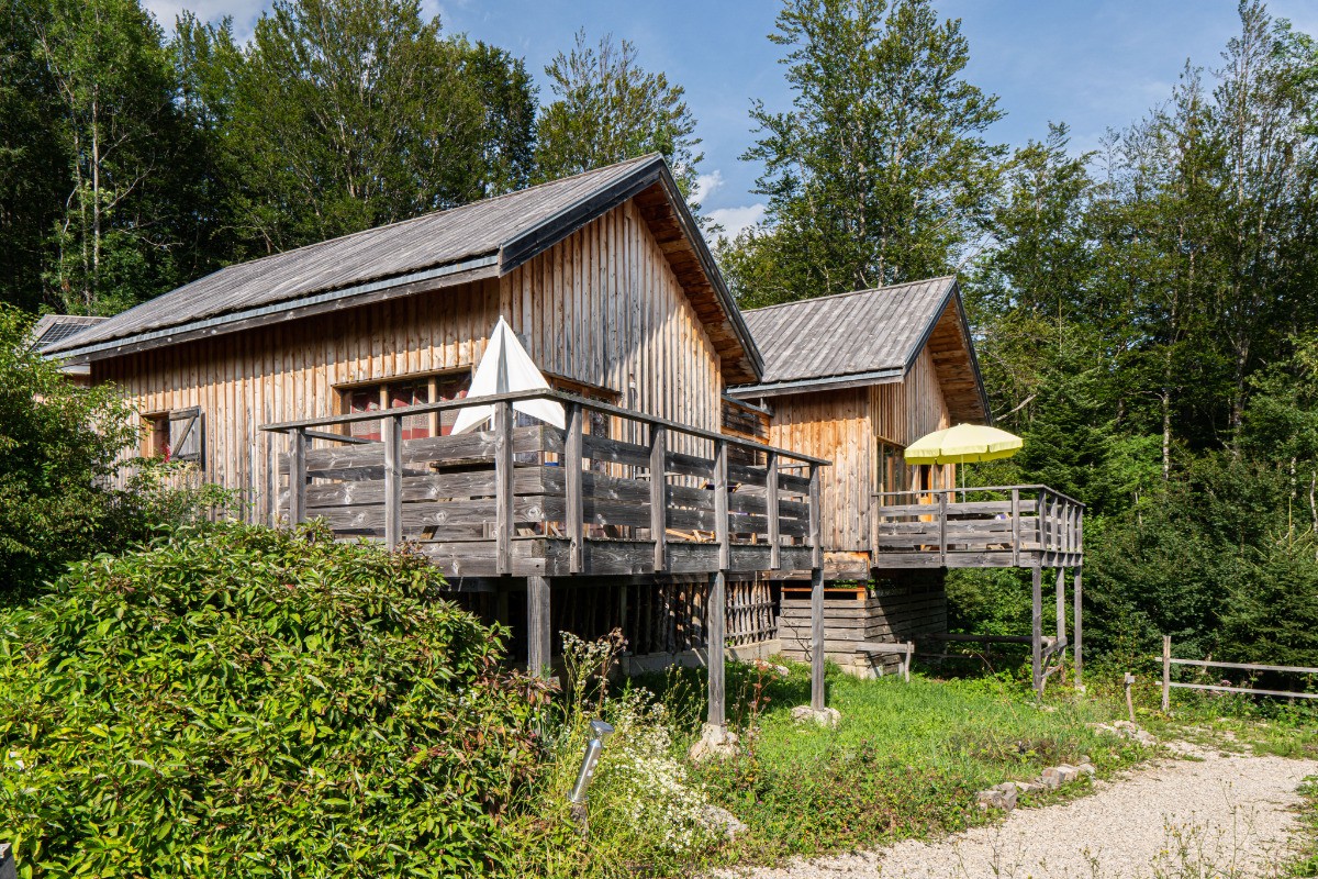 Chalets jumelés vue du jardin au mois d'août