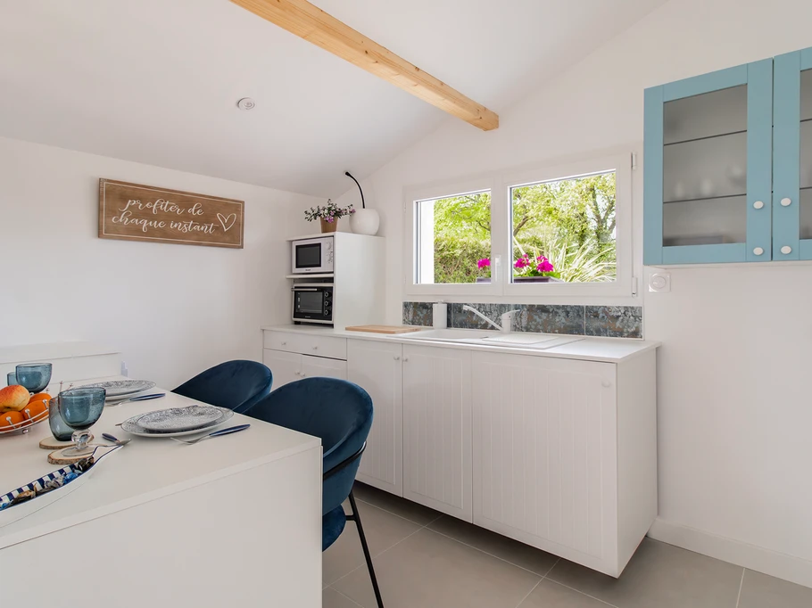 Kitchenette : four, frigo, micro-ondes, bouilloire, senseo, vaisselle, presse agrumes, évier