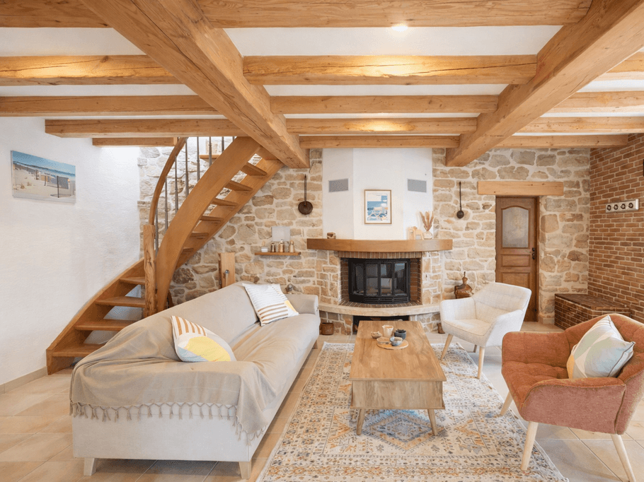 living room with its fireplace