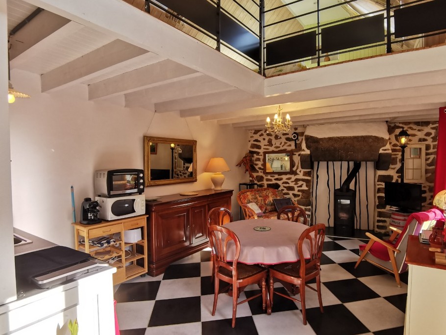 Pièce de vie avec espace kitchinette, coin repas et salon