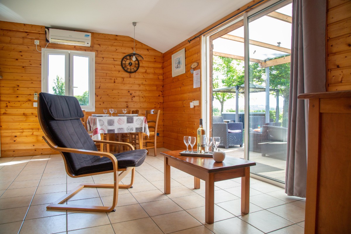 Chalet Mélèze : salon lumineux donnant sur la terrasse