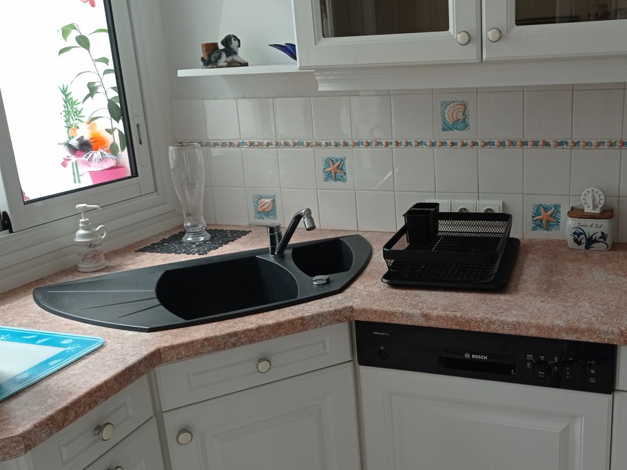 Cuisine aménagée donnant sur le patio lumineux