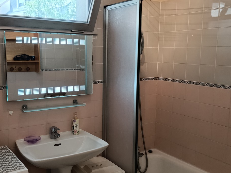 The bathroom with a bath, washing machine and storage shelves