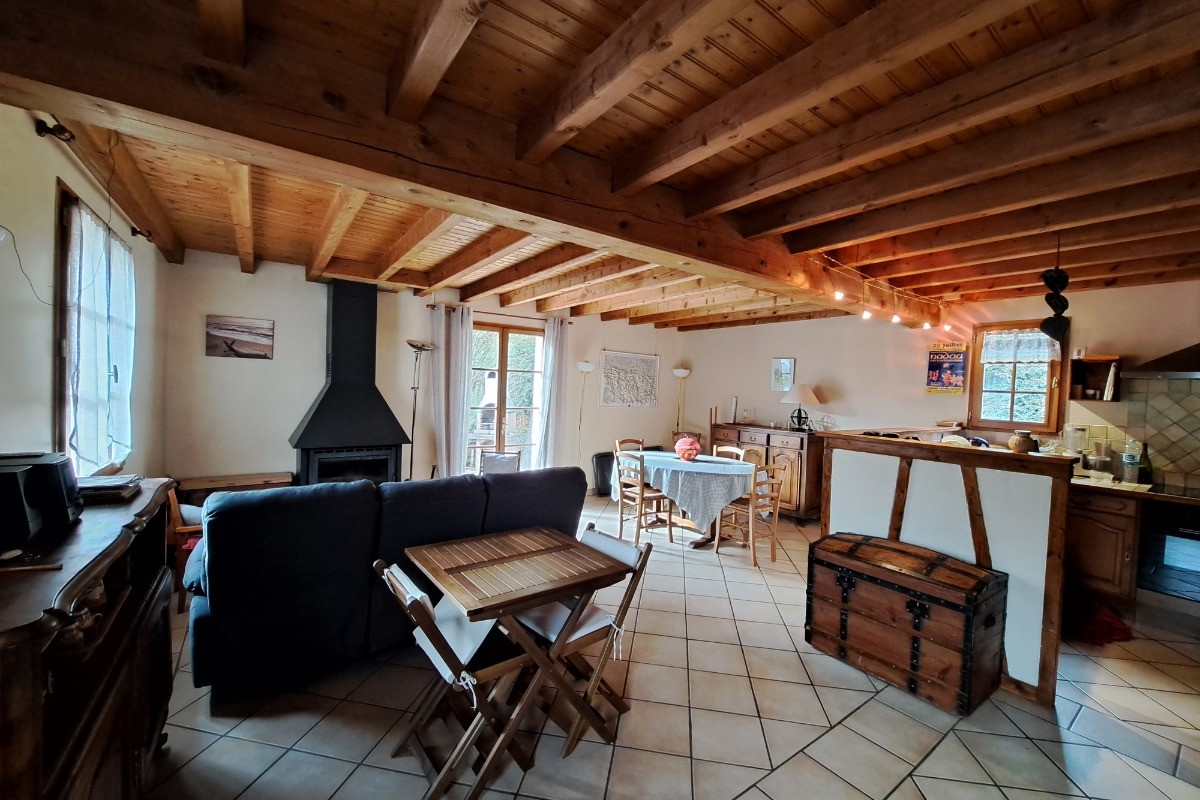 Le salon détente avec cheminée et le coin repas.
