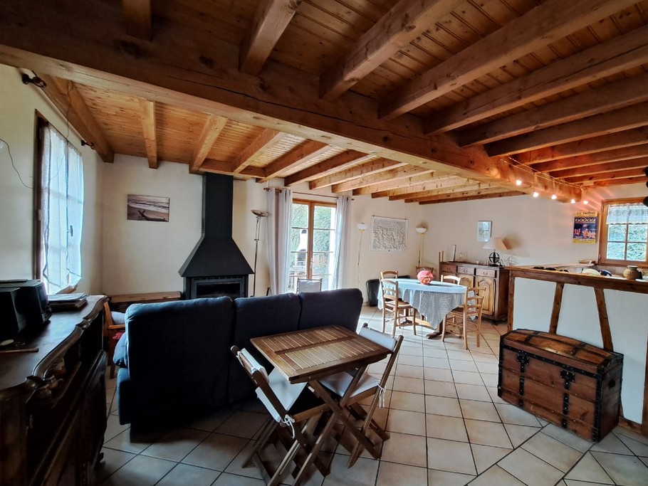 Le salon détente avec cheminée et le coin repas.