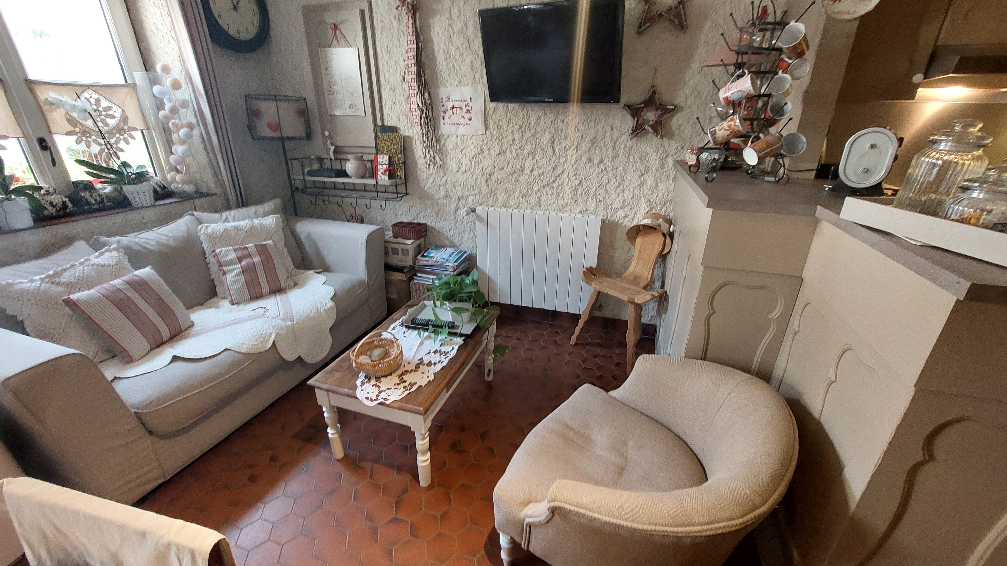 Salon cosy avec décoration soignée dans le gîte de Chaudes-Aigues, ambiance chaleureuse