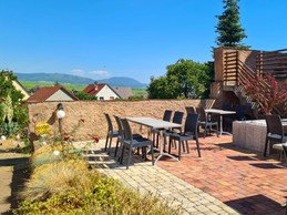 terrace with a view of the mountains