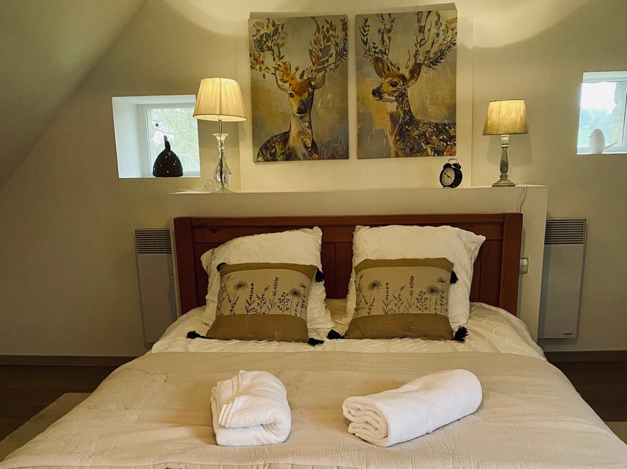 Grande chambre mansardée avec lit 140 cm et salle de bain (baignoire à remous)