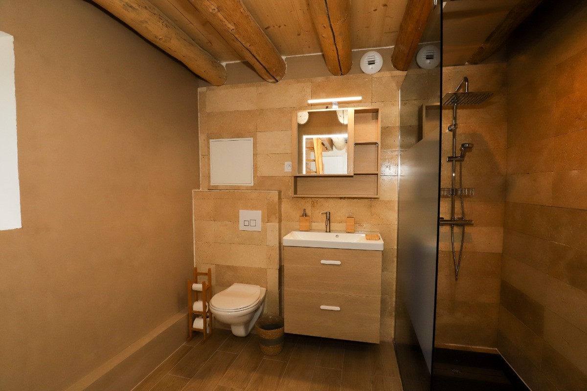 Salle d'eau avec douche italienne et wc - Chambre Esprit Cabane - L'Hôtel Enfoncée Chambres et Table d'hôtes Le Val d'Ajol