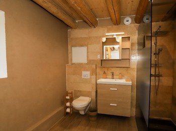 Salle d'eau avec douche italienne et wc - Chambre Esprit Cabane - L'Hôtel Enfoncée Chambres et Table d'hôtes Le Val d'Ajol