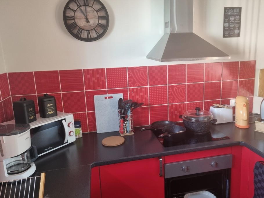 équipement de la cuisine: frigo, congélateur, lave-vaisselle, four électrique,3 plaques induction, four micro-onde, cafetière filtre, dolce custo ,bouilloire, grille pain, ustensiles et vaisselle à disposition