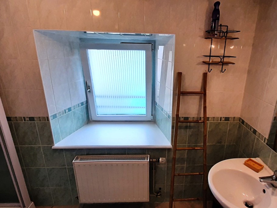 Salle d'eau avec lavabo et cabine de douche.