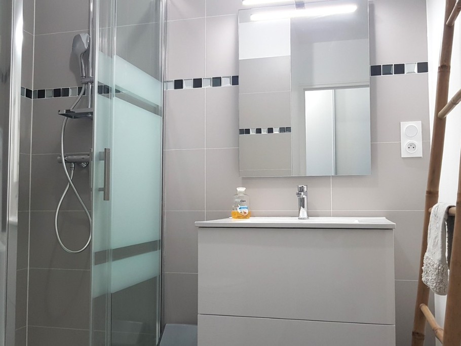 Salle d'eau avec une douche grande dimension, lavabo meuble vasque, machine à laver, sèche serviette électrique. WC séparé.