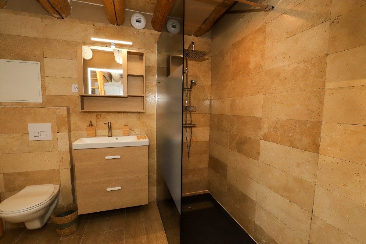 Salle d'eau avec douche italienne et wc - Chambre Esprit Cabane - L'Hôtel Enfoncée Chambres et Table d'hôtes Le Val d'Ajol