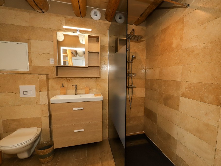 Salle d'eau avec douche italienne et wc - Chambre Esprit Cabane - L'Hôtel Enfoncée Chambres et Table d'hôtes Le Val d'Ajol
