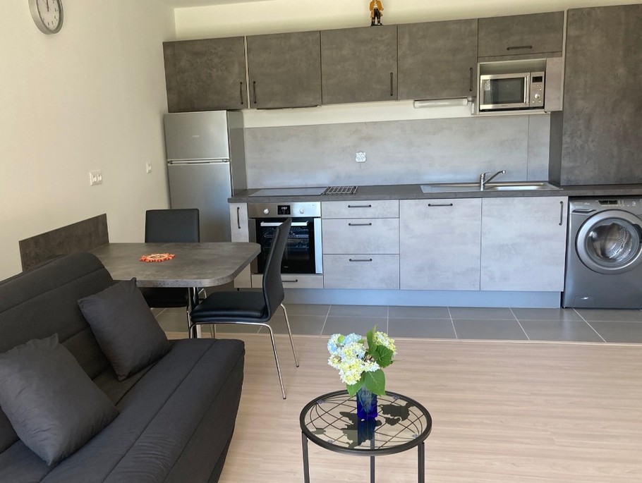 The large, well-equipped living room.