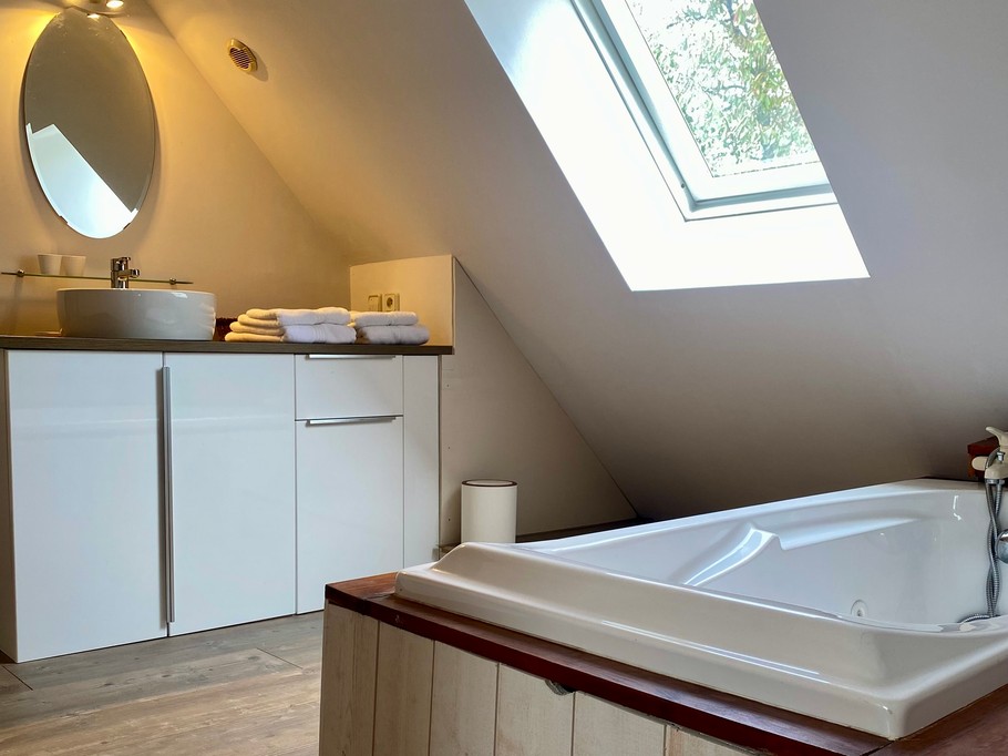 Grande chambre mansardée avec lit 140 cm et salle de bain (baignoire à remous)