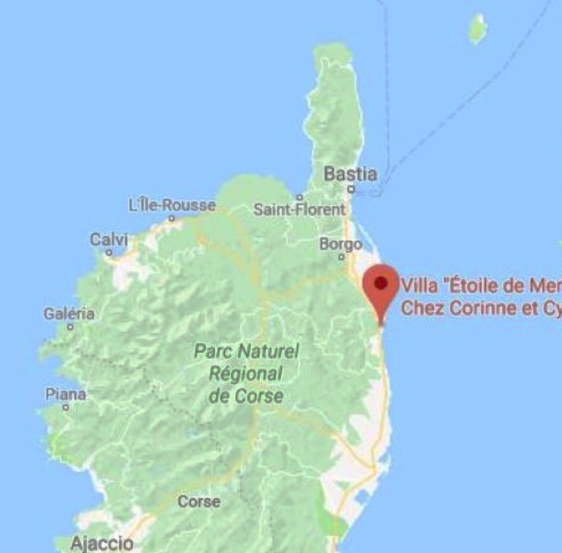 La situation géographique de la villa "Etoile de mer" en Corse.