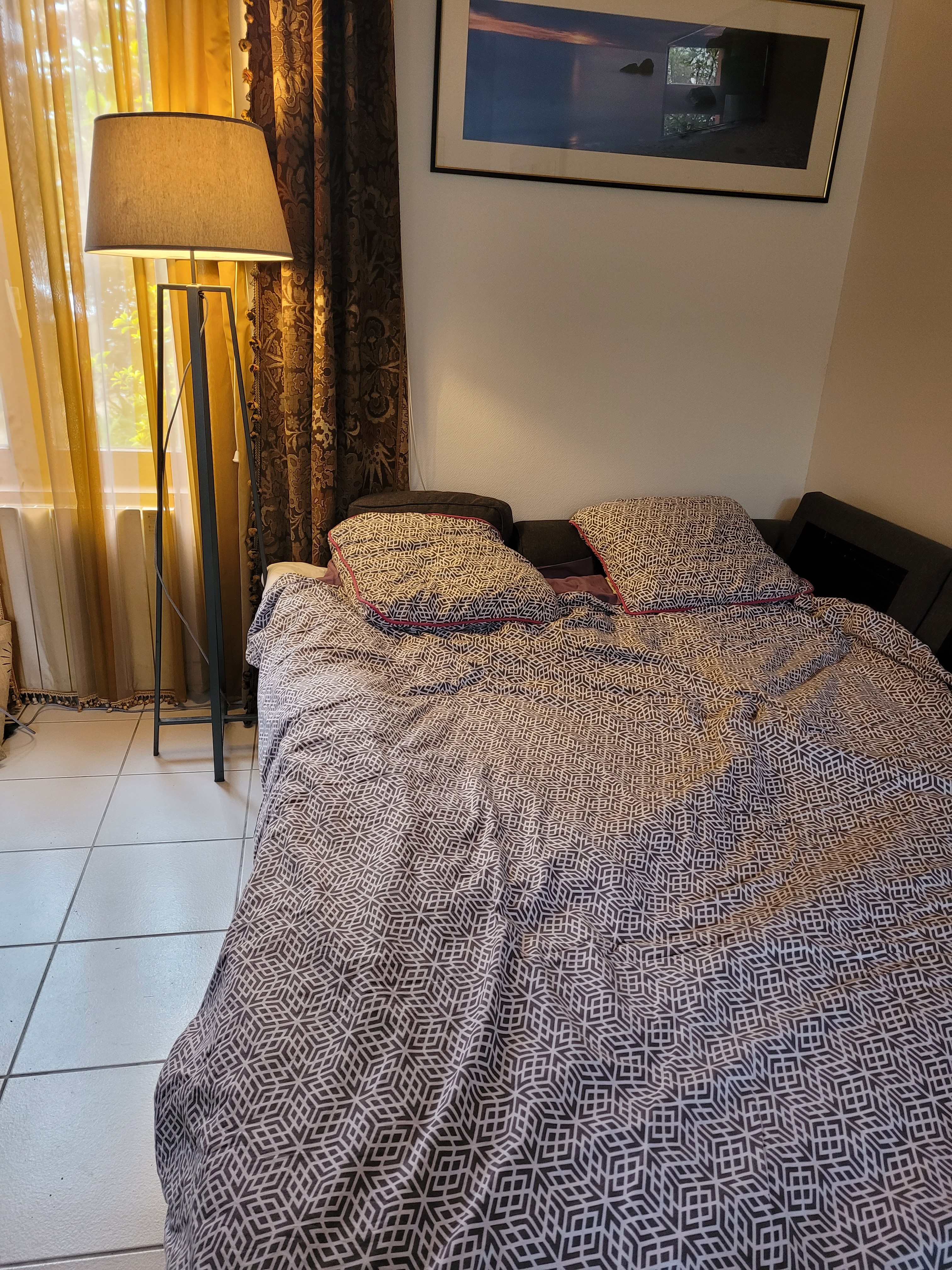 Canapé-lit du salon déplié, propice à l'accueil de personne(s) à mobilité réduite. Dimension du matelas : 150x200 cm.