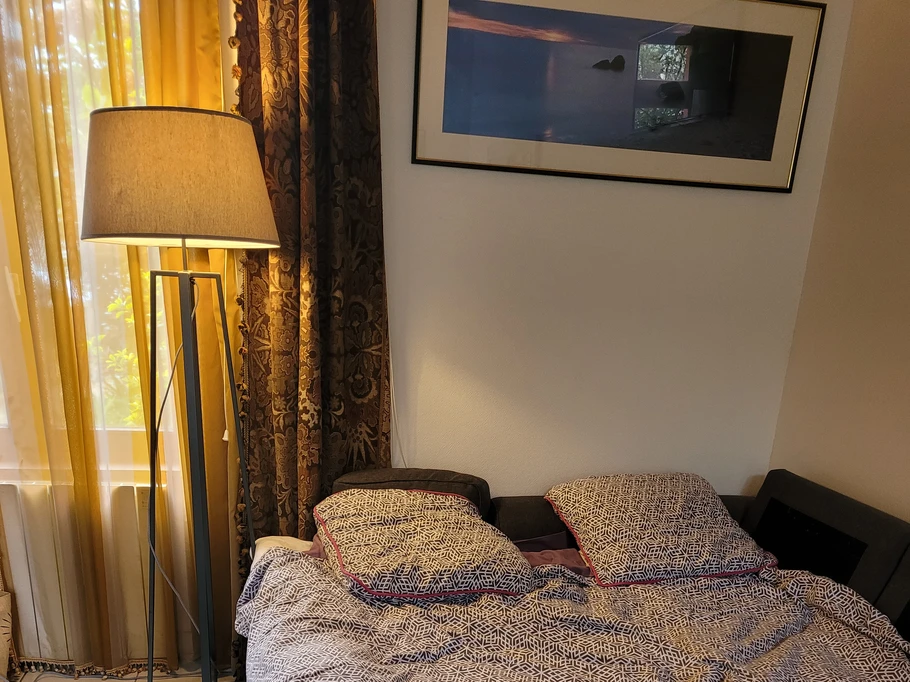 Canapé-lit du salon déplié, propice à l'accueil de personne(s) à mobilité réduite. Dimension du matelas : 150x200 cm.