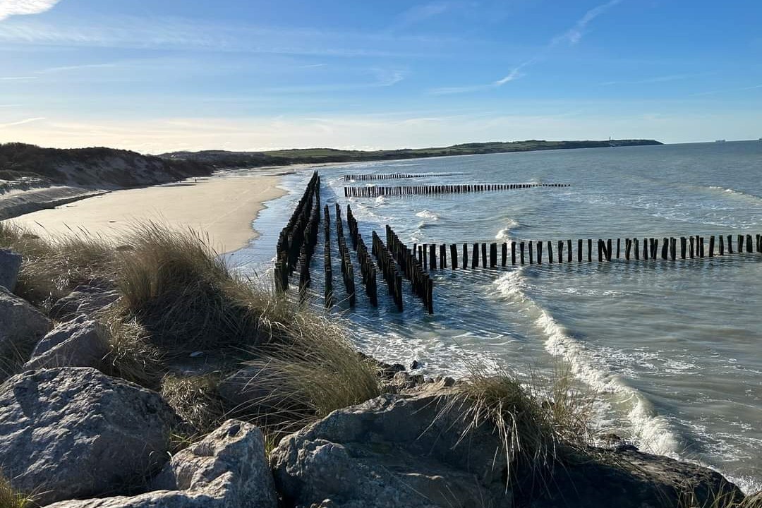la plage de Wissant avec au fond le Cap Gris Nez,  au pied duquel est implanté le Centre Régional Opérationnel de Surveillance et de sauvetage (CROSS) l' organisation des secours et coordination du sauvetage en mer.